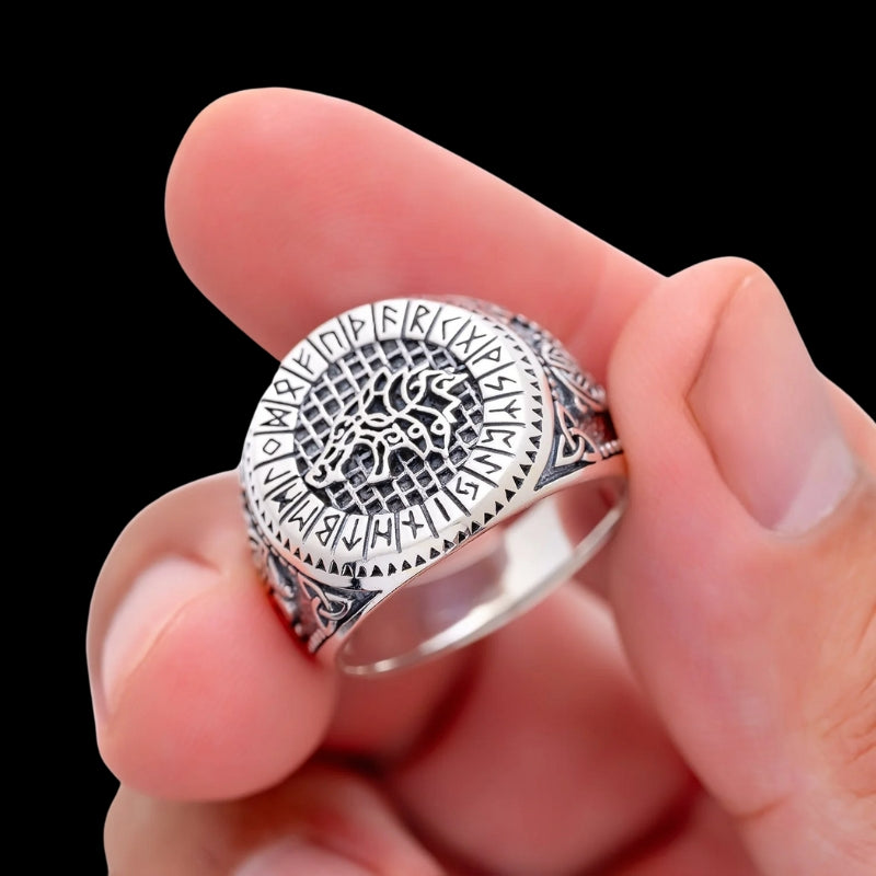 vkngjewelry Bagues 925 Sterling Silver Viking Wolf and Norse Runes Ring