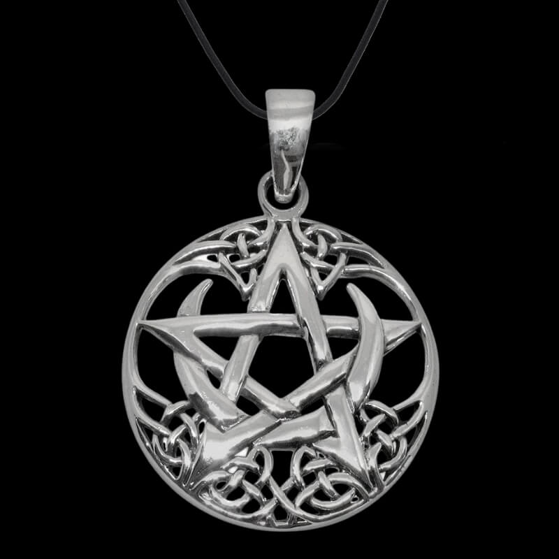 vkngjewelry Pendant Celtic Pagan Pentagram Crescent Moon Round Charm 925 Sterling silver Pendant