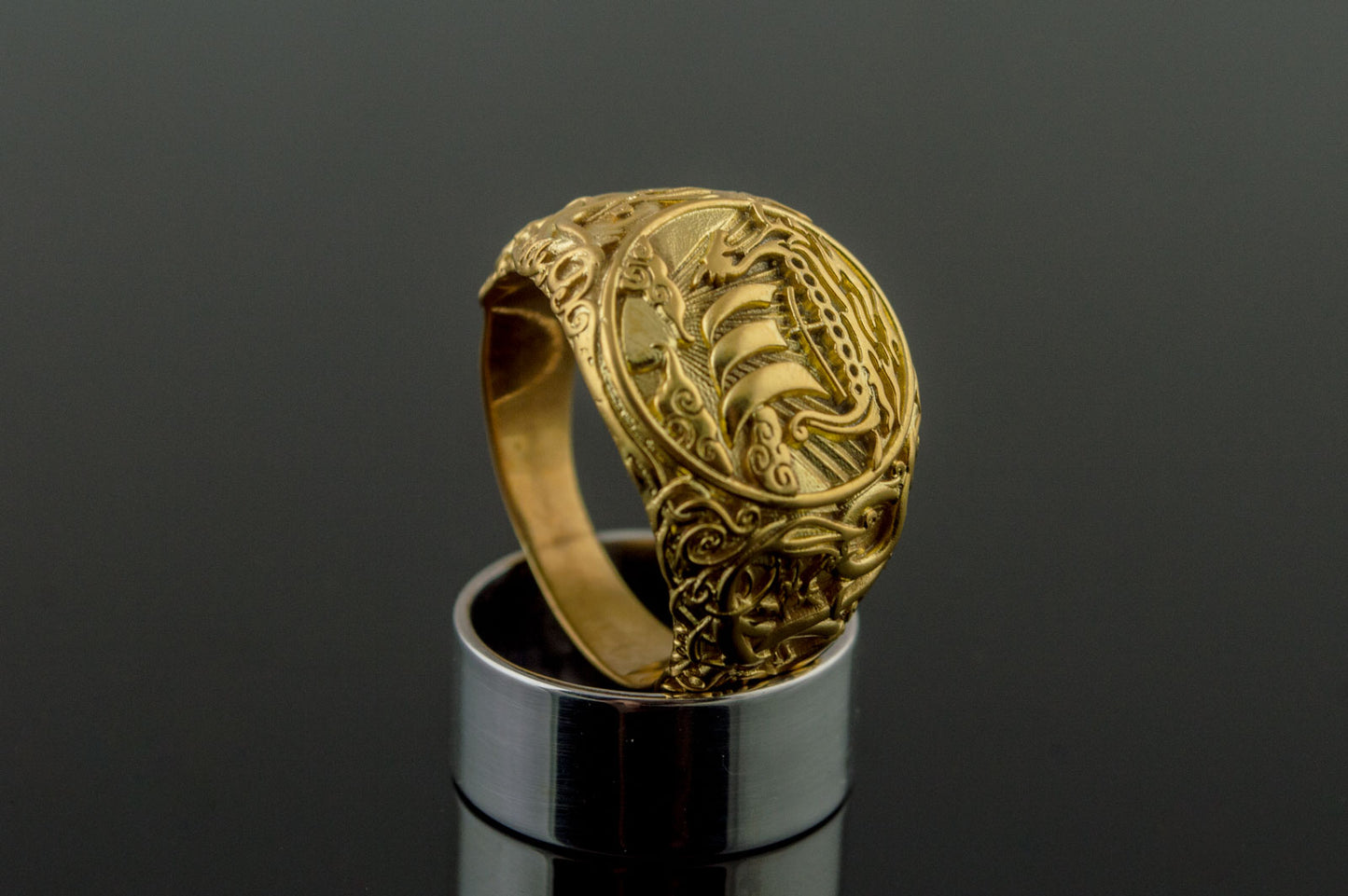 vkngjewelry Ring Handcrafted Drakkar Symbol Ring with Urnes Style Gold Ring