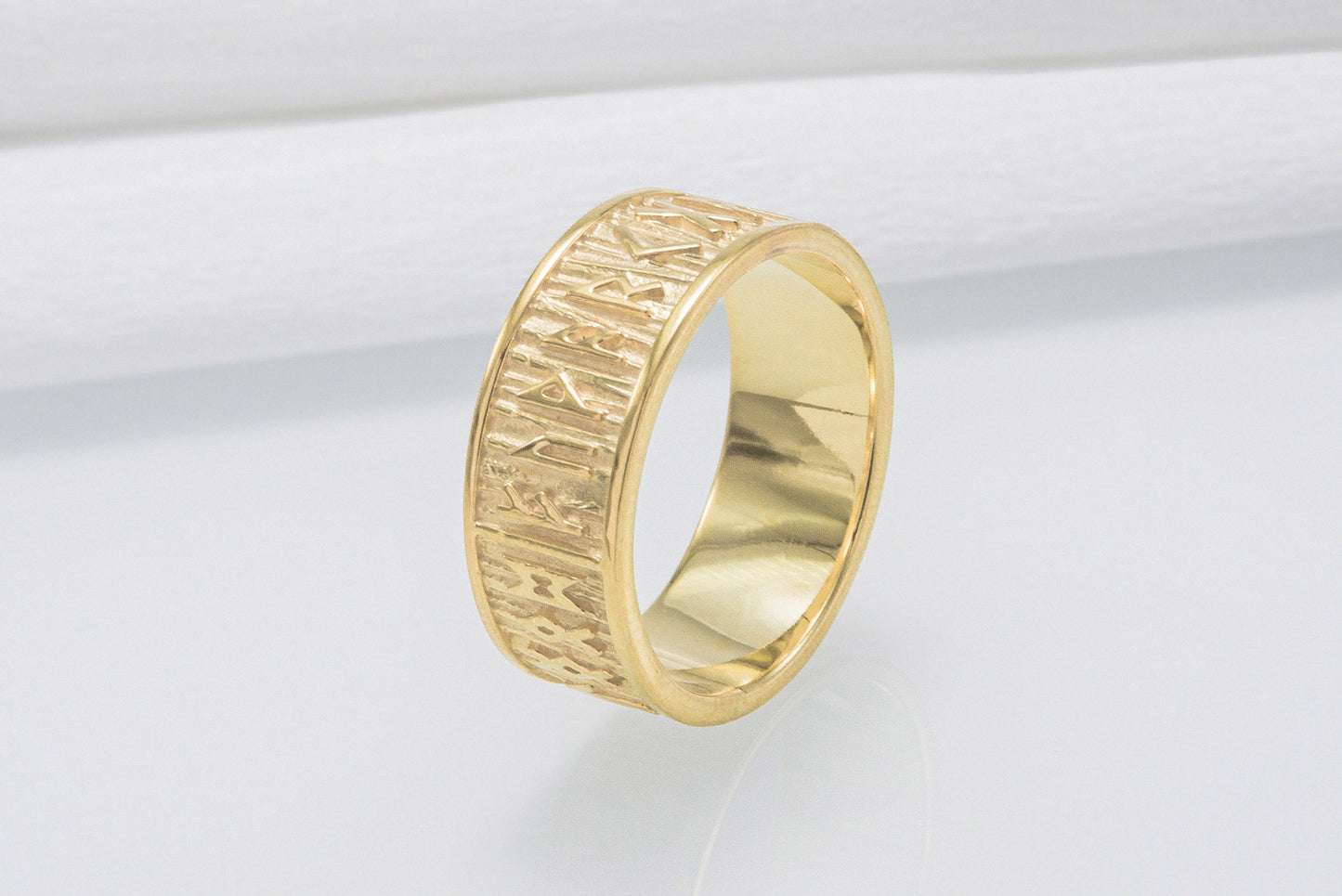 vkngjewelry Ring Handcrafted Elder Futhark Runes with Wide Rim Gold Ring