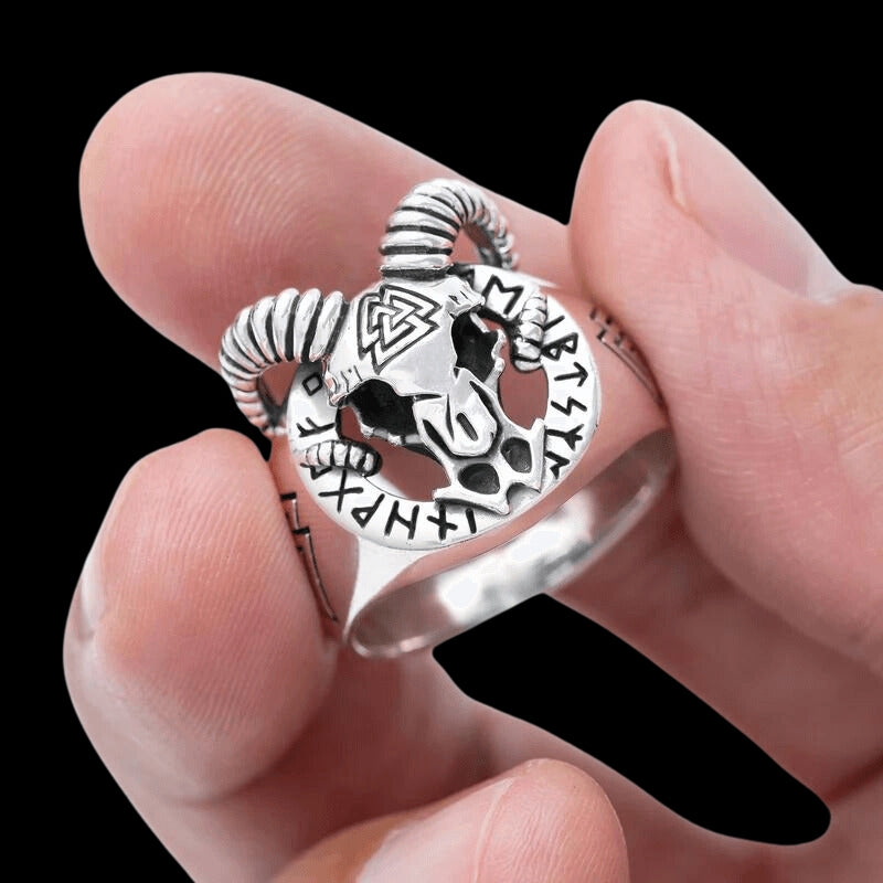 vkngjewelry Bagues Goat with Valknut and Runes Ring 925 Setrling Silver