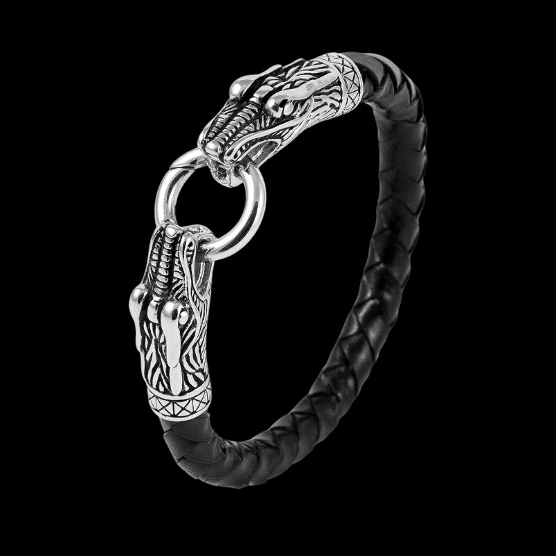 vkngjewelry Bracelet Stainless Steel Viking Jormungand With Braided Leather Bracelet