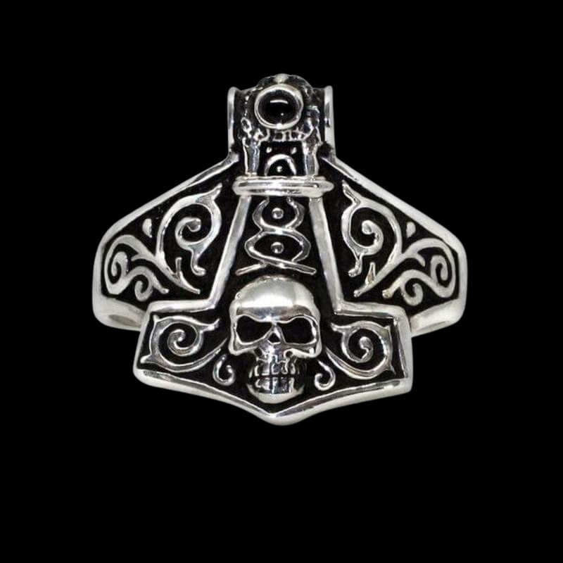 vkngjewelry Bagues Thor Hammer Norse Skull Sterling Silver Ring