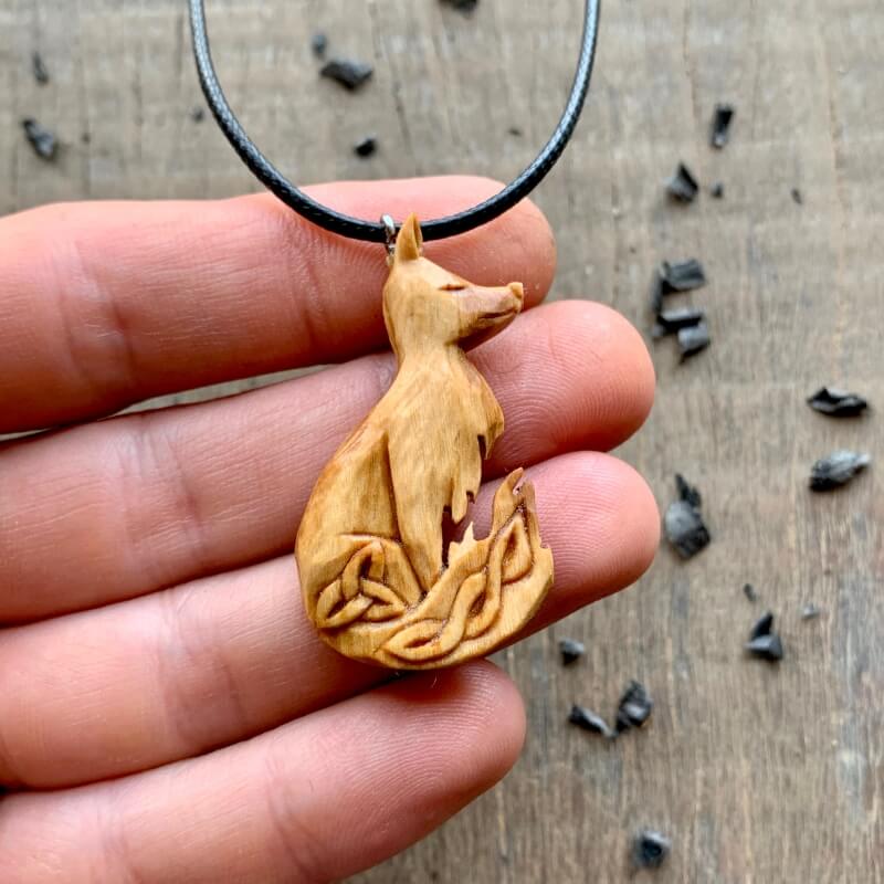 vkngjewelry Pendant Unique Olive Wood Celtic Fox Triquetra Design Pendant