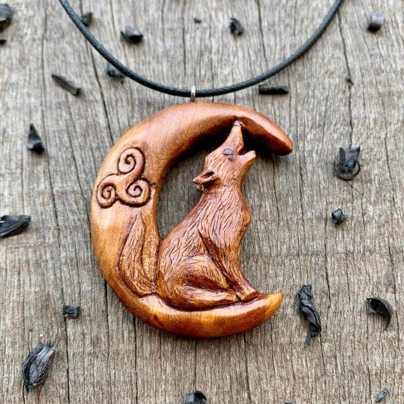 vkngjewelry Pendant Unique Plum Wood Celtic Wolf on Moon Pendant