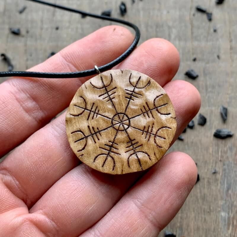vkngjewelry Pendant Unique Walnut Wood Aegishjalmur Pendant