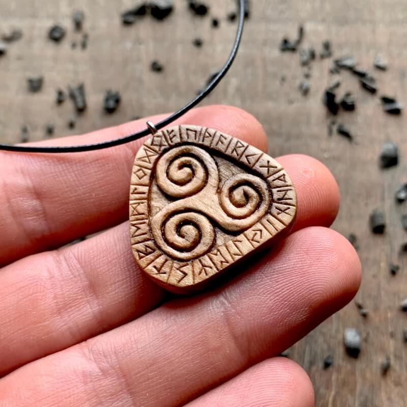 vkngjewelry Pendant Unique Walnut Wood Runes Triskelion Pendant