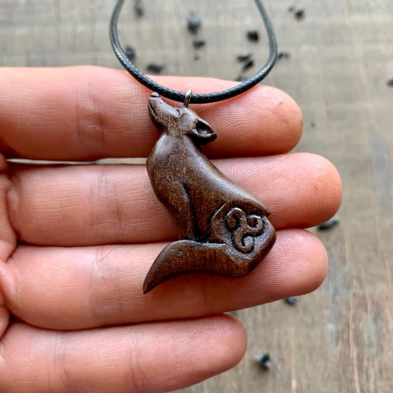 vkngjewelry Pendant Unique Walnut Wood Wolf and Triskelion Pendant