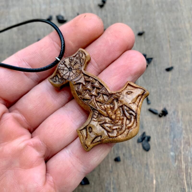 vkngjewelry Pendant Unique Wood Mjolnir With Goats Pendant