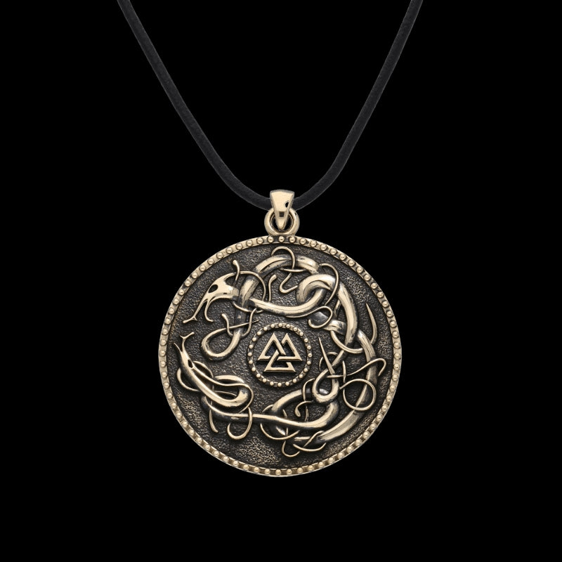 vkngjewelry Pendant Handcrafted Valknut Urnes Style Large Bronze Amulet