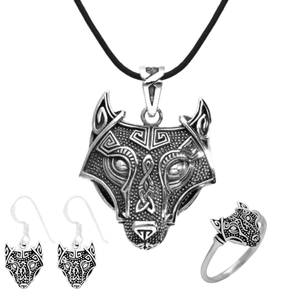 vkngjewelry bijoux Women's jewellery Wolf Set Pendant, Earrings and Ring