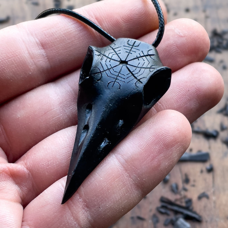 vkngjewelry Pendant Handcarved Unique Walnut Wood Raven's Skull With Helm OF Awe Pendant - Ebony wood