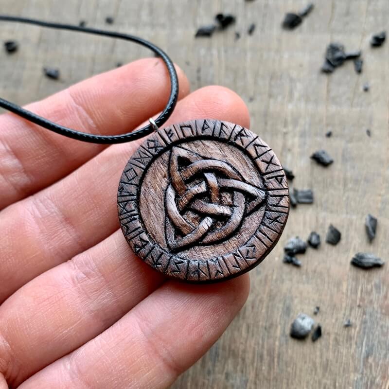 Unique Wood Triquetra and Runes Pendant