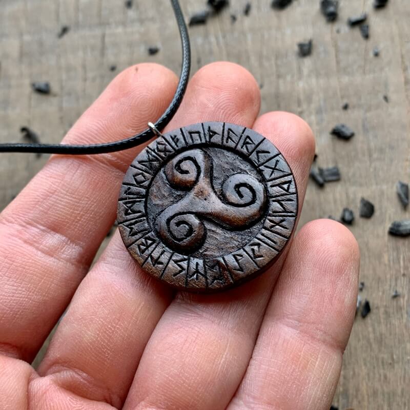 CW50 Unique Wood Triskelion and Runes Pendant
