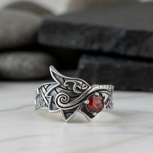 Handgefertigter Fenrir-Ring-Edelsteinring aus Sterlingsilber