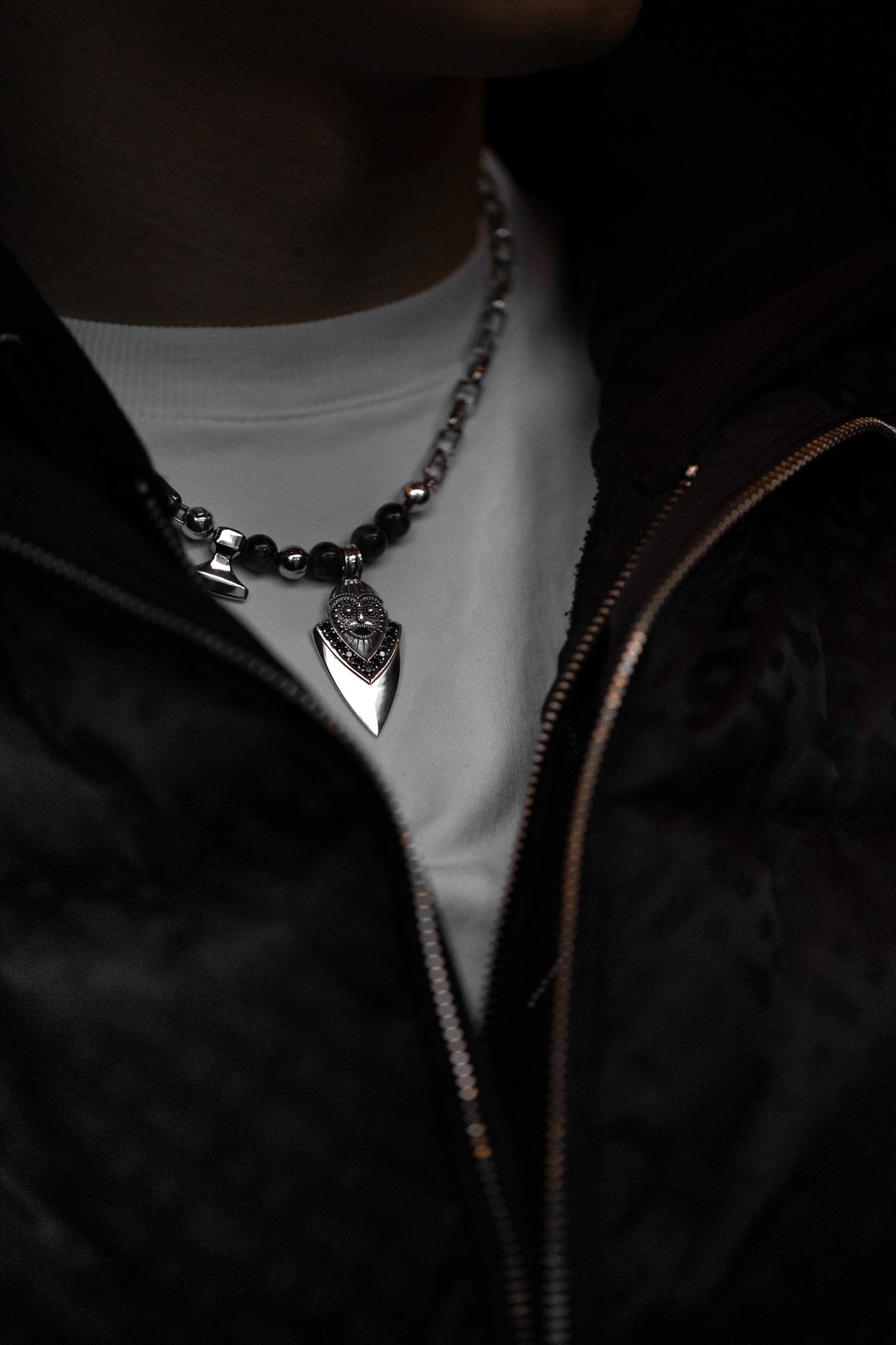 vkngjewelry Pendant Handcrafted Aska Face Silver Pendant with Thor’s Hammer & Gungnir