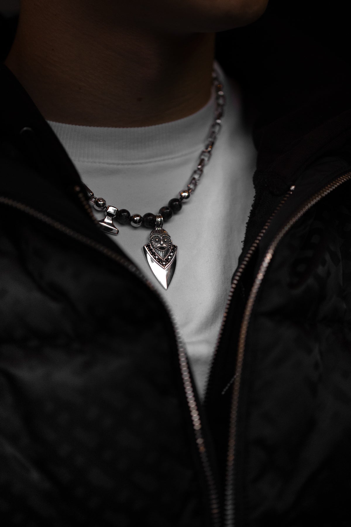 vkngjewelry Pendant Handcrafted Aska Face Silver Pendant with Thor’s Hammer & Gungnir