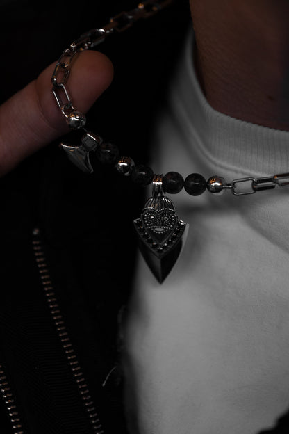 vkngjewelry Pendant Handcrafted Aska Face Silver Pendant with Thor’s Hammer & Gungnir