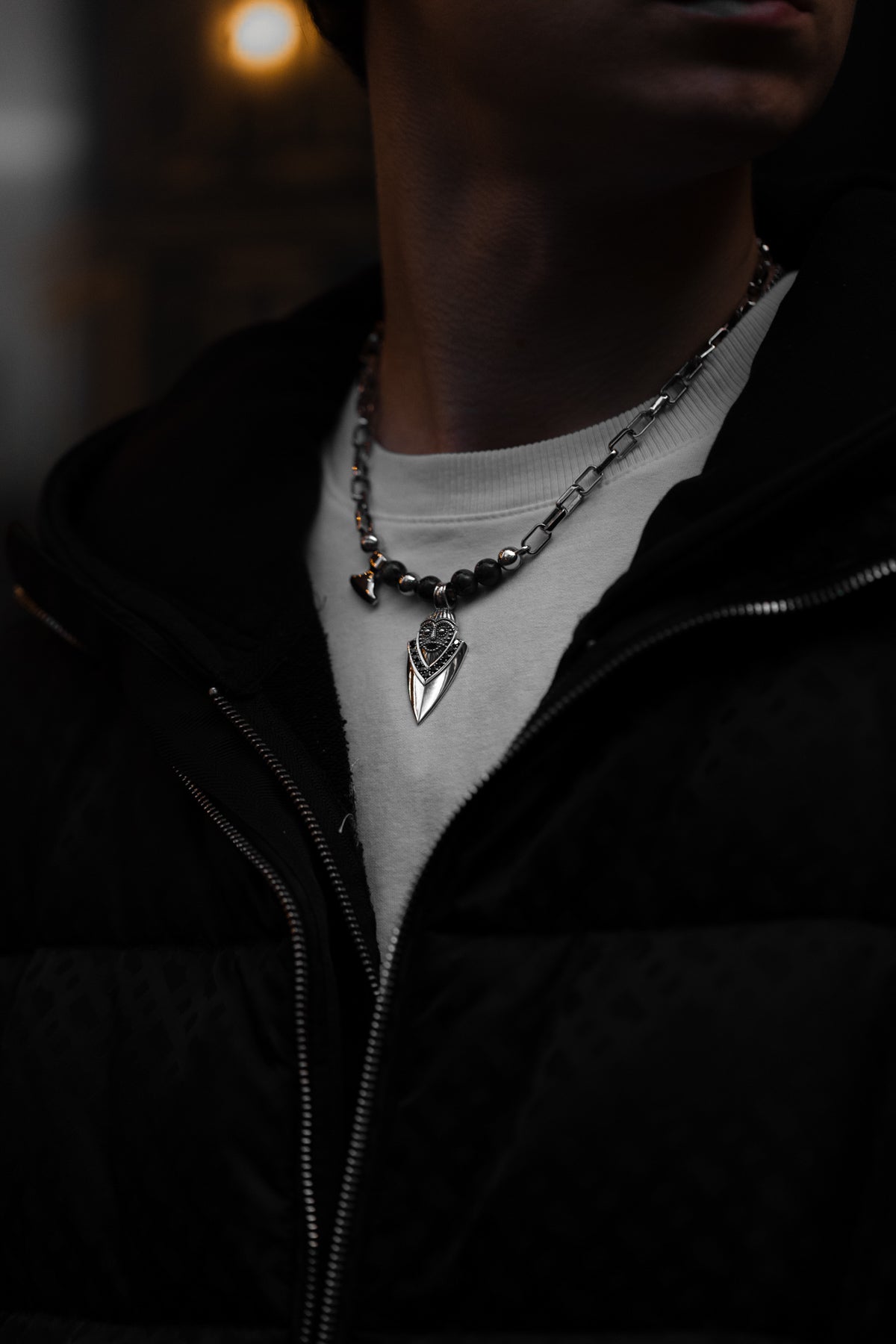 vkngjewelry Pendant Handcrafted Aska Face Silver Pendant with Thor’s Hammer & Gungnir