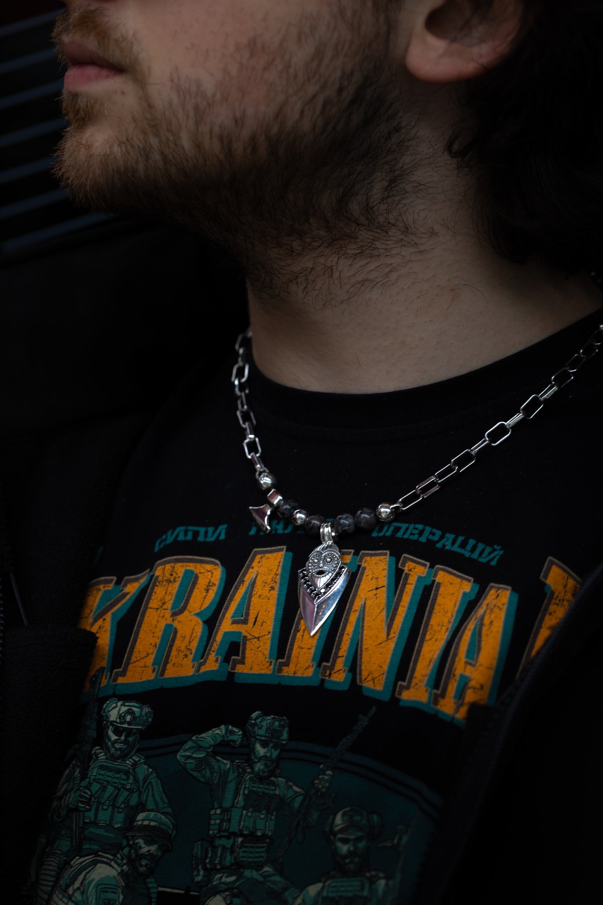 vkngjewelry Pendant Handcrafted Aska Face Silver Pendant with Thor’s Hammer & Gungnir