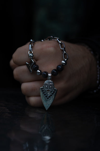 vkngjewelry Pendant Handcrafted Aska Face Silver Pendant with Thor’s Hammer & Gungnir