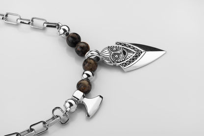 vkngjewelry Pendant Handcrafted Aska Face Silver Pendant with Thor’s Hammer & Gungnir