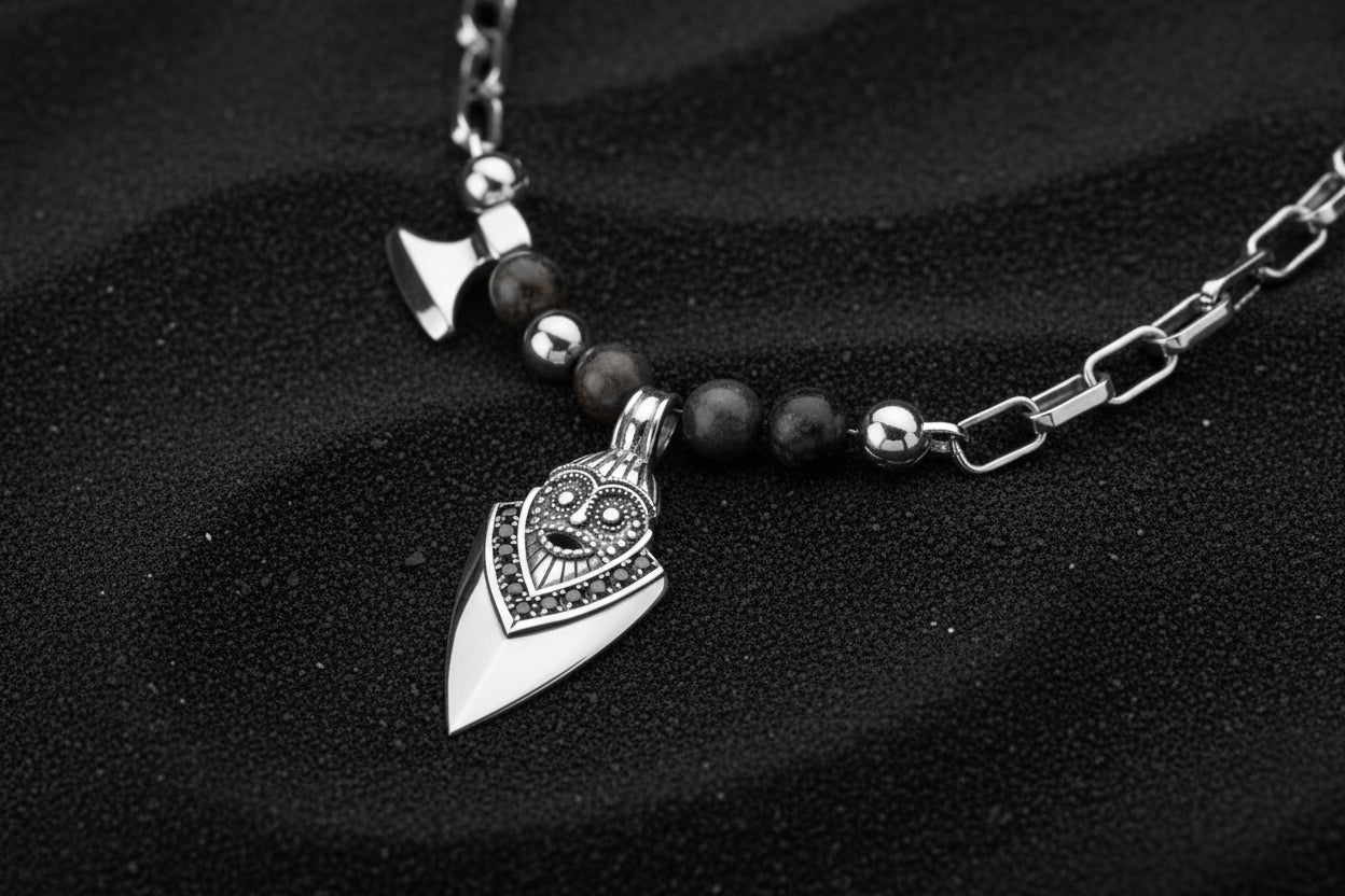 vkngjewelry Pendant Handcrafted Aska Face Silver Pendant with Thor’s Hammer & Gungnir