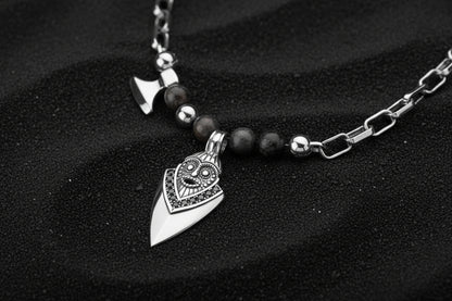 vkngjewelry Pendant Handcrafted Aska Face Silver Pendant with Thor’s Hammer & Gungnir