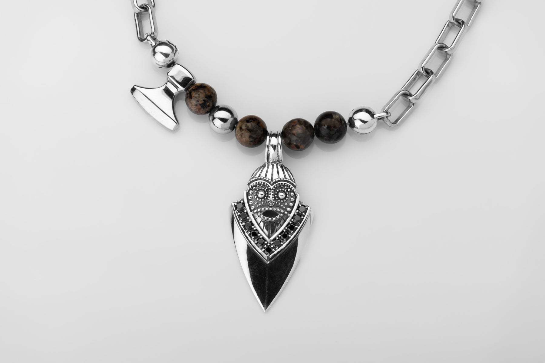 vkngjewelry Pendant Handcrafted Aska Face Silver Pendant with Thor’s Hammer & Gungnir