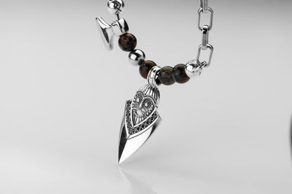 vkngjewelry Pendant Handcrafted Aska Face Silver Pendant with Thor’s Hammer & Gungnir