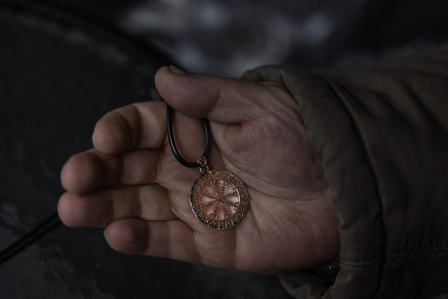 vkngjewelry Pendant Brass Helm of Awe Pendant Handcrafted Nordic Amulet with Elder Futhark Runes