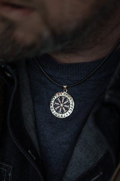 vkngjewelry Pendant Brass Helm of Awe Pendant Handcrafted Nordic Amulet with Elder Futhark Runes