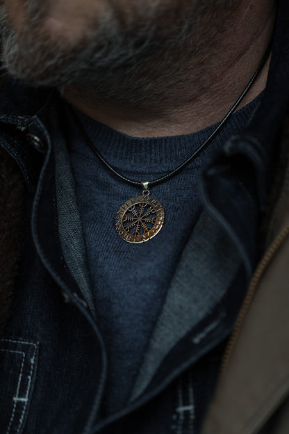 vkngjewelry Pendant Brass Helm of Awe Pendant Handcrafted Nordic Amulet with Elder Futhark Runes