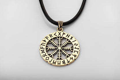 vkngjewelry Pendant Brass Helm of Awe Pendant Handcrafted Nordic Amulet with Elder Futhark Runes
