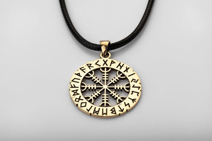 vkngjewelry Pendant Brass Helm of Awe Pendant Handcrafted Nordic Amulet with Elder Futhark Runes