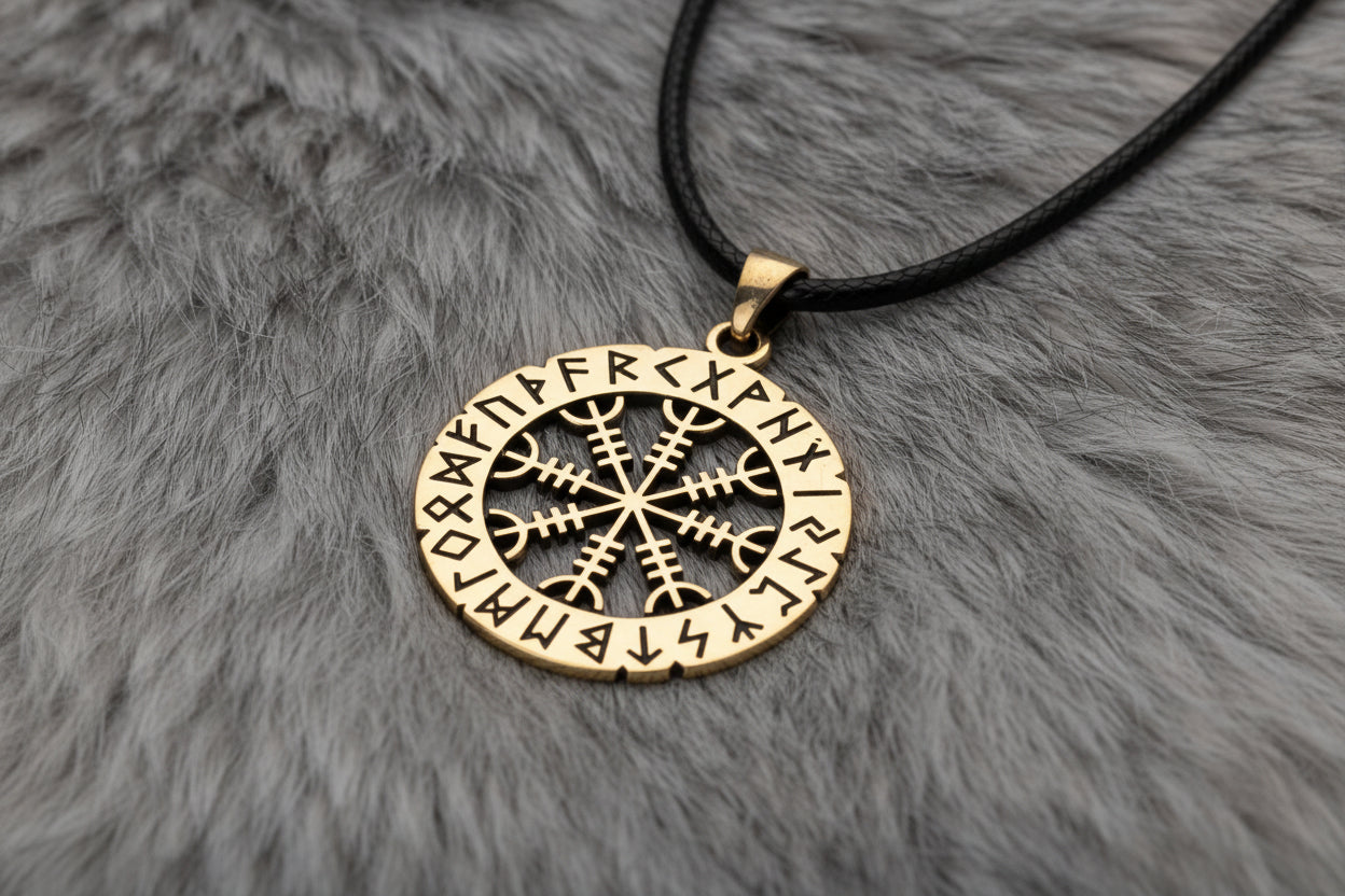 vkngjewelry Pendant Brass Helm of Awe Pendant Handcrafted Nordic Amulet with Elder Futhark Runes