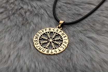 vkngjewelry Pendant Brass Helm of Awe Pendant Handcrafted Nordic Amulet with Elder Futhark Runes