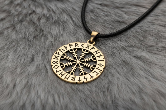 vkngjewelry Pendant Brass Helm of Awe Pendant Handcrafted Nordic Amulet with Elder Futhark Runes