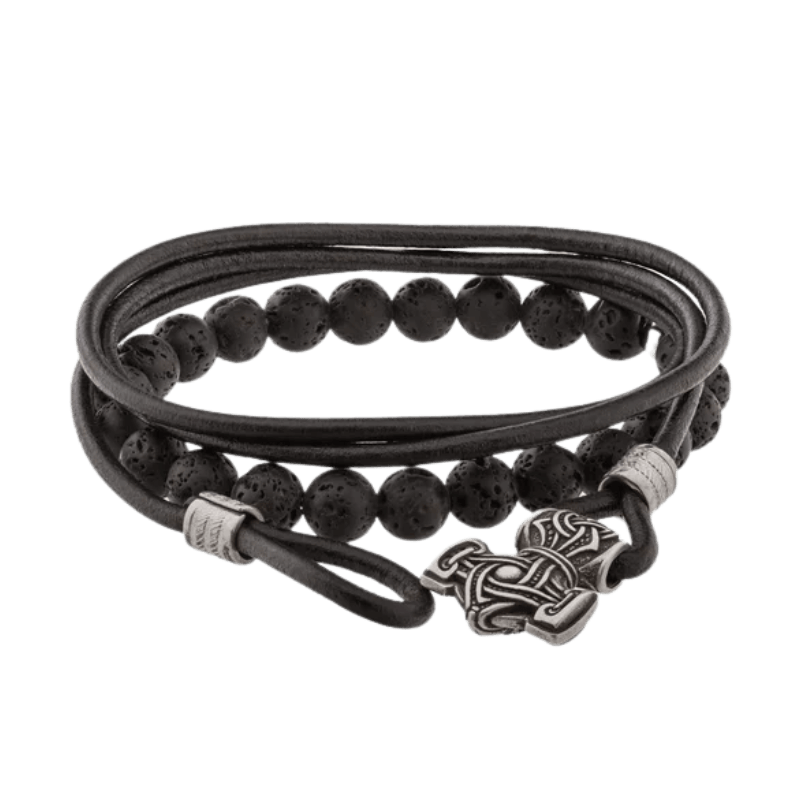 vkngjewelry Bracelet Thor's Hammer Leather Lavastone Bracelet