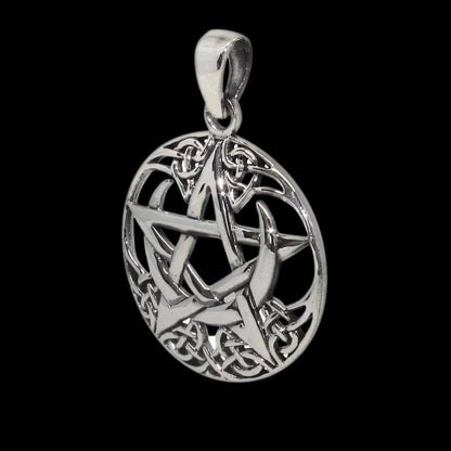 vkngjewelry Pendant Celtic Pagan Pentagram Crescent Moon Round Charm 925 Sterling silver Pendant
