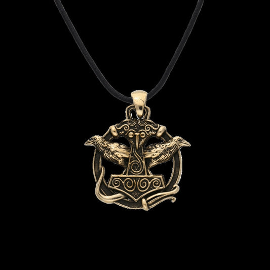 vkngjewelry Pendant Circled Thor's Hammer with Ravens Bronze Pendant