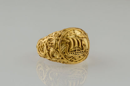 vkngjewelry Ring Handcrafted Drakkar Symbol Ring with Urnes Style Gold  Ring