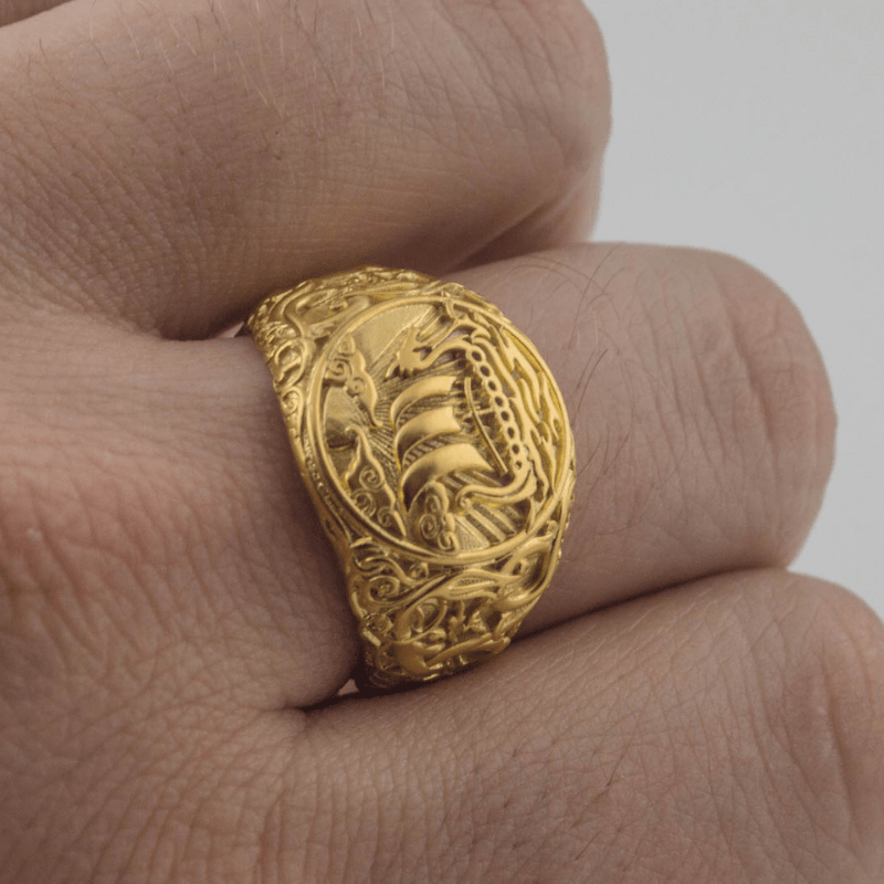 vkngjewelry Bagues Drakkar Symbol Ring with Urnes Style Gold  Ring