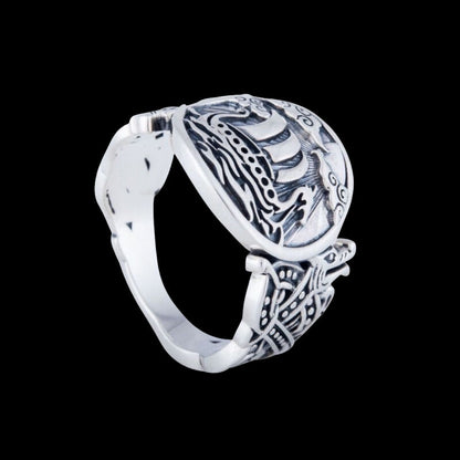 vkngjewelry Bagues Drakkar Symbol with Wolf Ornament Sterling Silver Ring