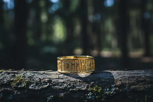 vkngjewelry Ring Handcrafted Elder Futhark Runes with Wide Rim Gold Ring