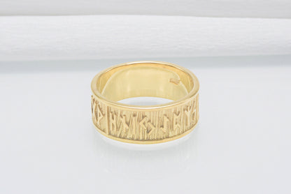 vkngjewelry Ring Handcrafted Elder Futhark Runes with Wide Rim Gold Ring