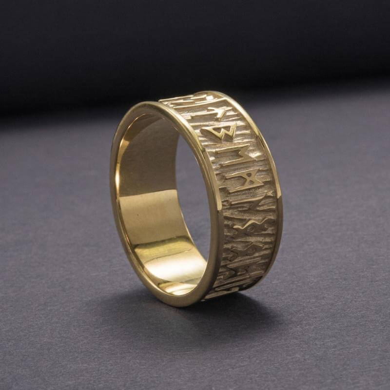 vkngjewelry Bagues Elder Futhark Runes with Wide Rim Gold Ring