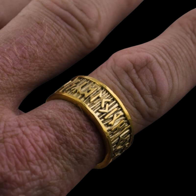 vkngjewelry Bagues Elder Futhark Runes with Wide Rim Gold Ring