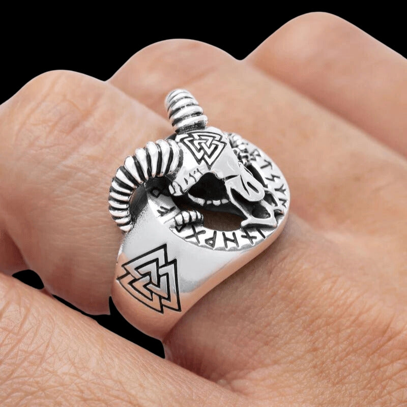vkngjewelry Bagues Goat with Valknut and Runes Ring 925 Setrling Silver