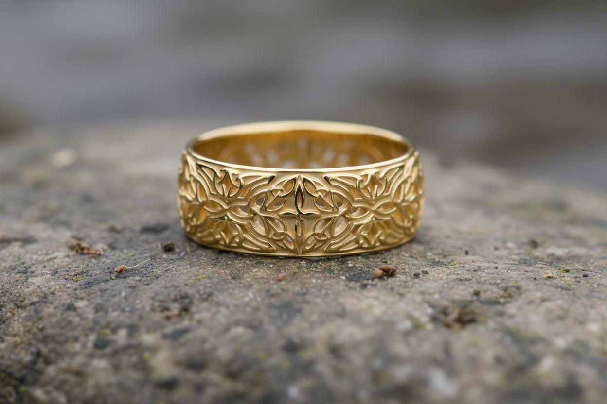 vkngjewelry Ring Gold Triquetra Wedding Band, Handcrafted Norse Jewelry